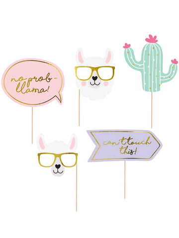 Kit photobooth lama pastel 5 pièces pour anniversaire multicolore avec détails dorés