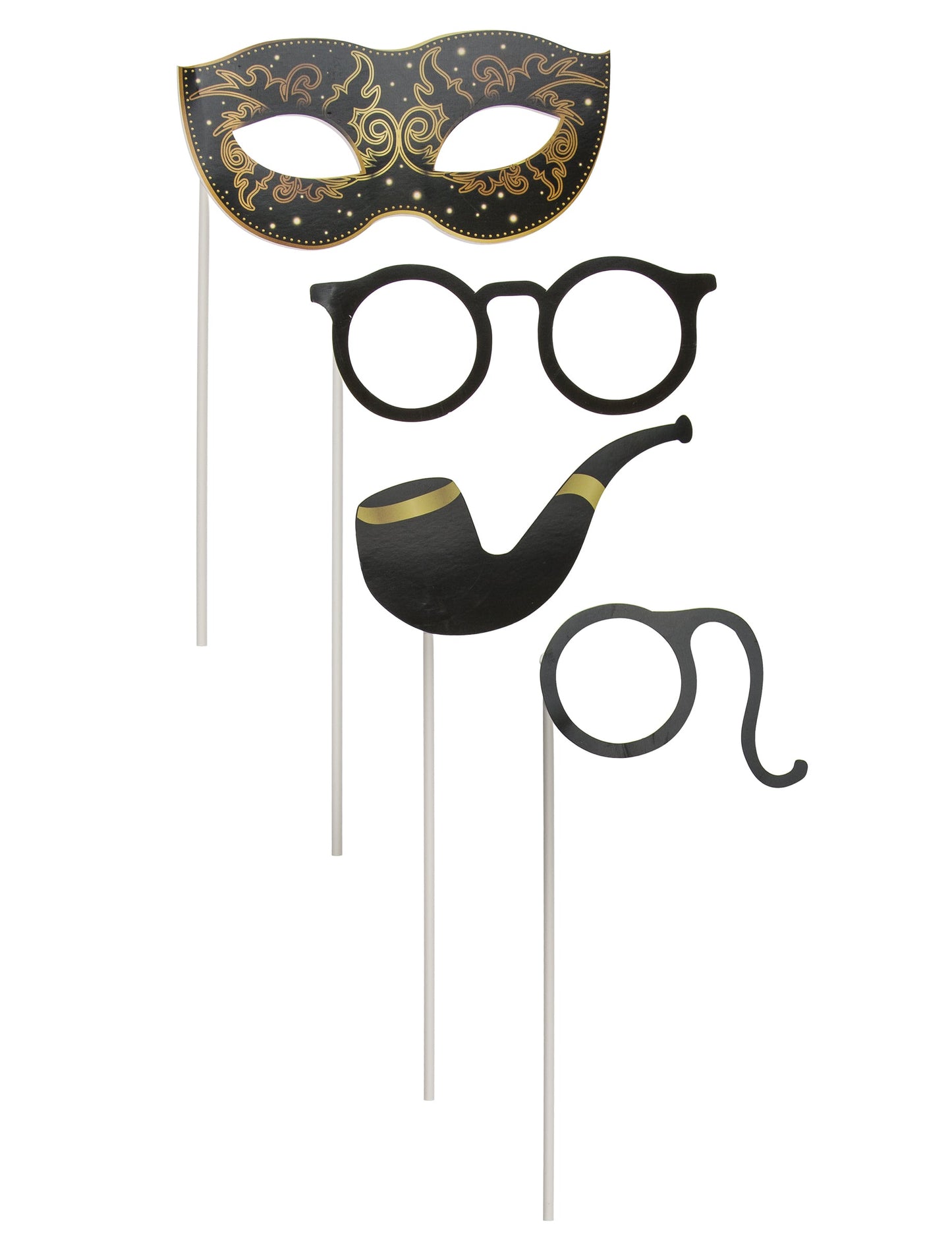 Détail des accessoires masque loup pipe et lunettes du kit photobooth de Nouvel An