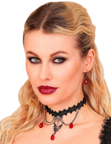 Червен и черен готически комплект за чокер и обеци