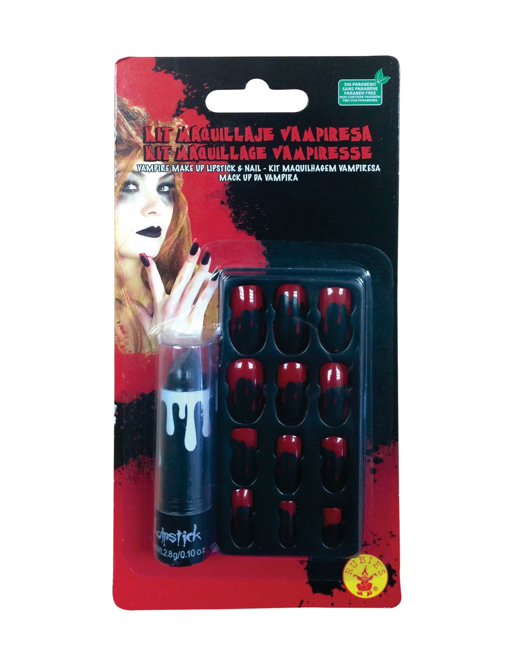 Vue de face de l'emballage du kit rouge à lèvre et faux ongles ensanglantés pour adulte