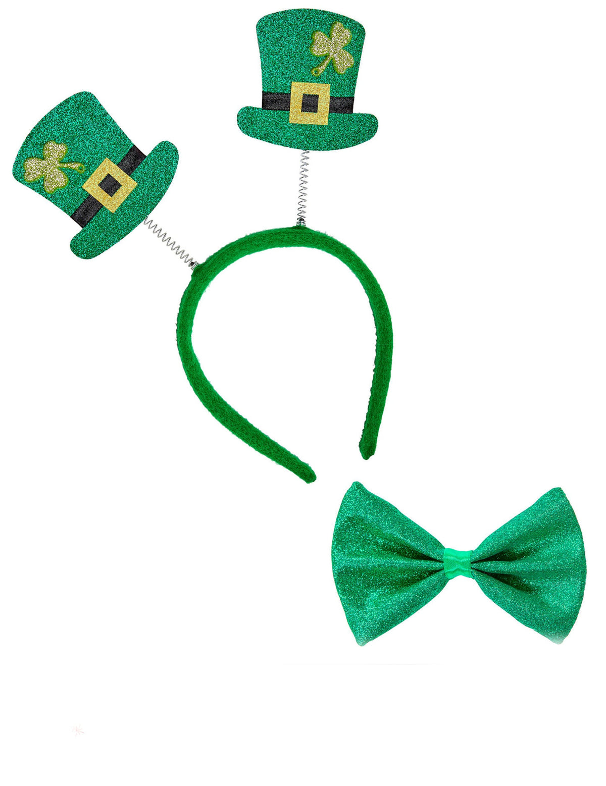 Kit serre-tête et noeud papillon Saint Patrick pour adulte vert pailleté avec mini chapeaux