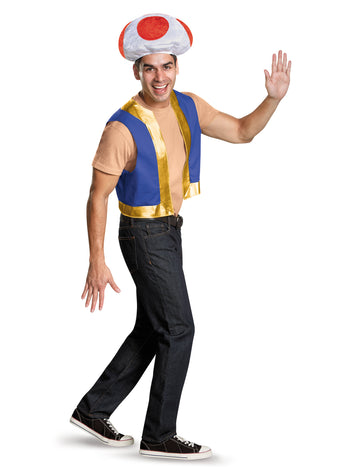 Kit Toad Nintendo pour adulte avec gilet bleu et doré et chapeau champignon rouge et blanc