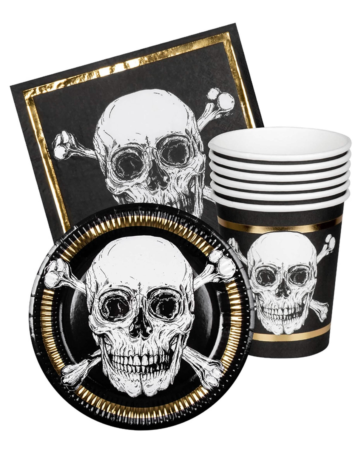 Комплект съдове Пирати Jolly Roger за 6 души черен и златен