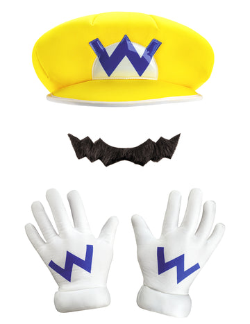 Kit Wario Nintendo® pour adulte jaune avec moustache et gants blancs