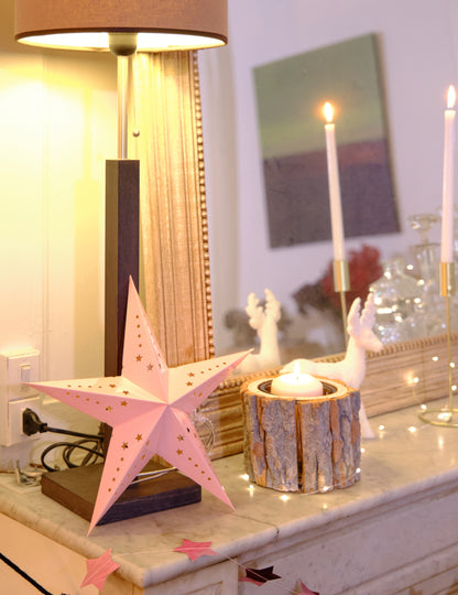 Светлорозов фенер със звезди 30 cm изработен от картон