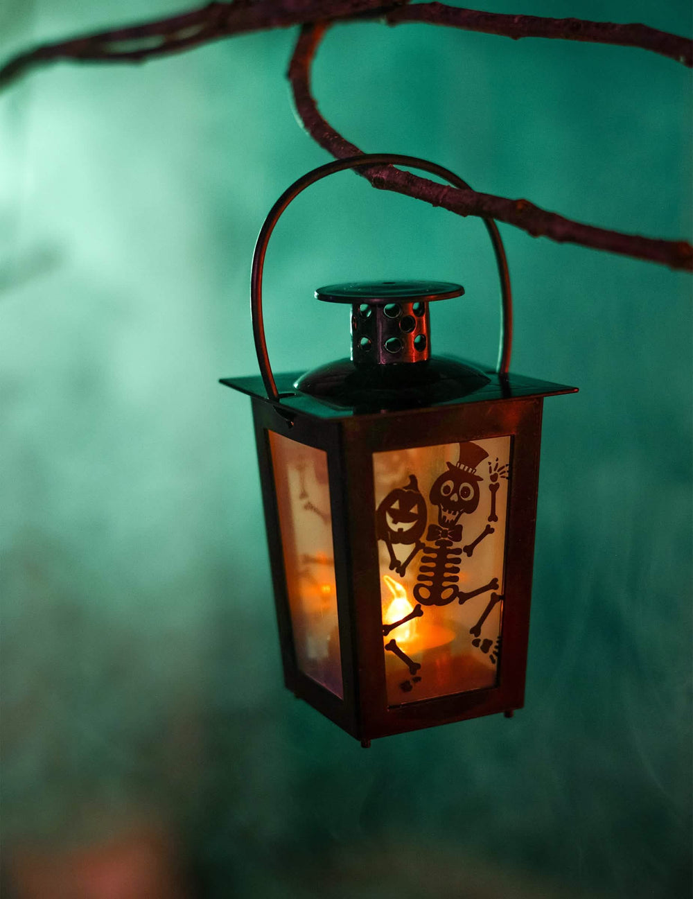 Крупен план на висящия фенер на клон на светещия фенер halloween със скелет и тиква