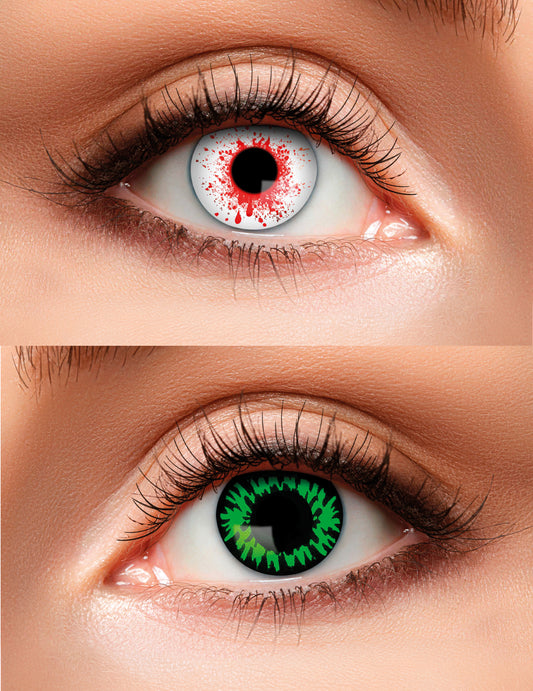 Lentilles duo sanglant et vert pour adulte blanches à taches rouges et noires à motifs verts