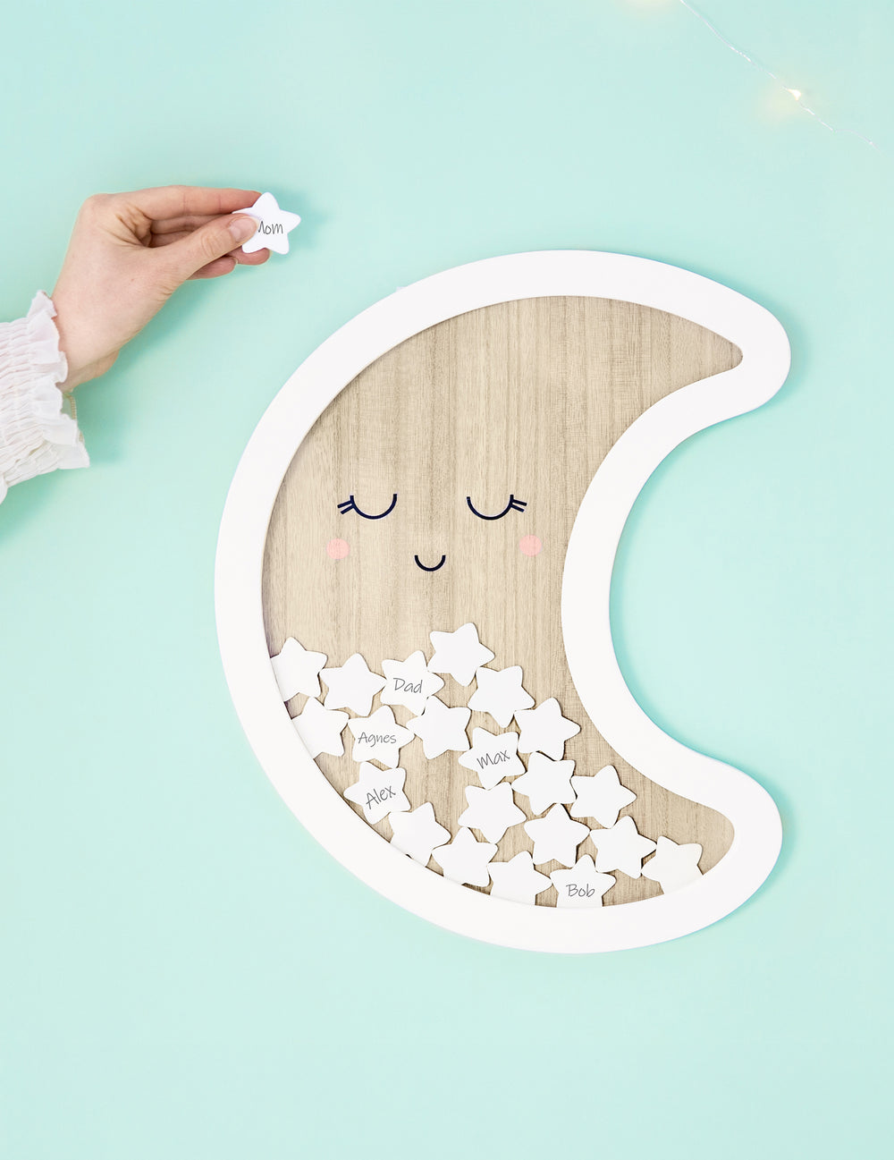 Livre d'or croissant de lune pour fête blanc et bois avec 30 étoiles