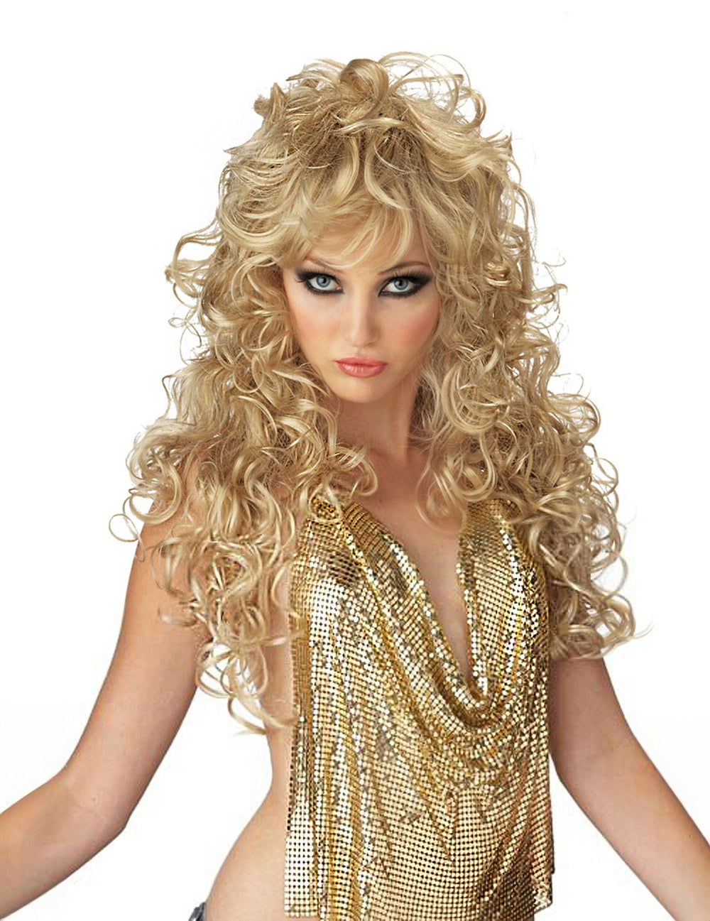 Perruque longue 80's pour femme blonde bouclée