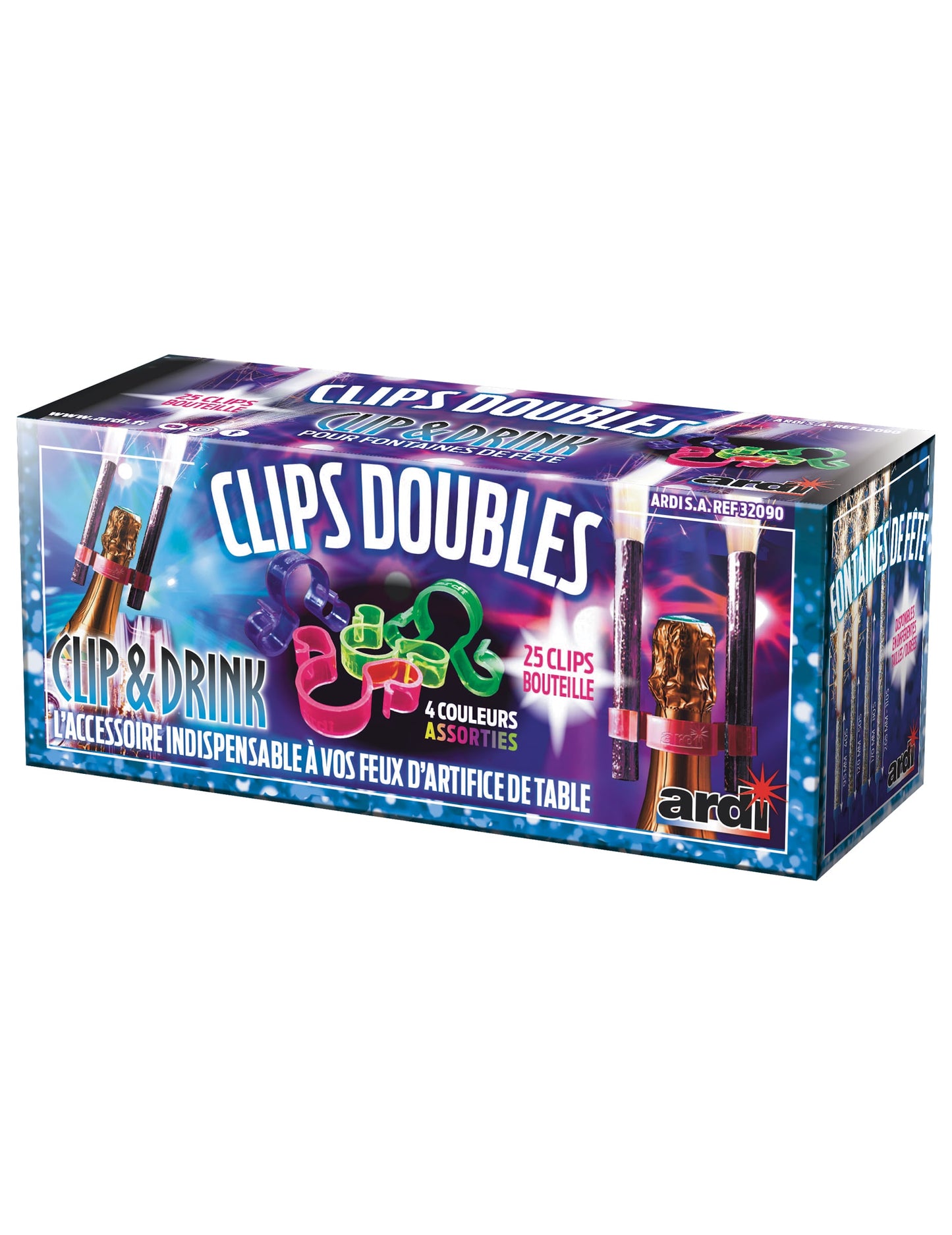 Clips bouteille doubles pour fontaine scintillante multicolores lot de 25