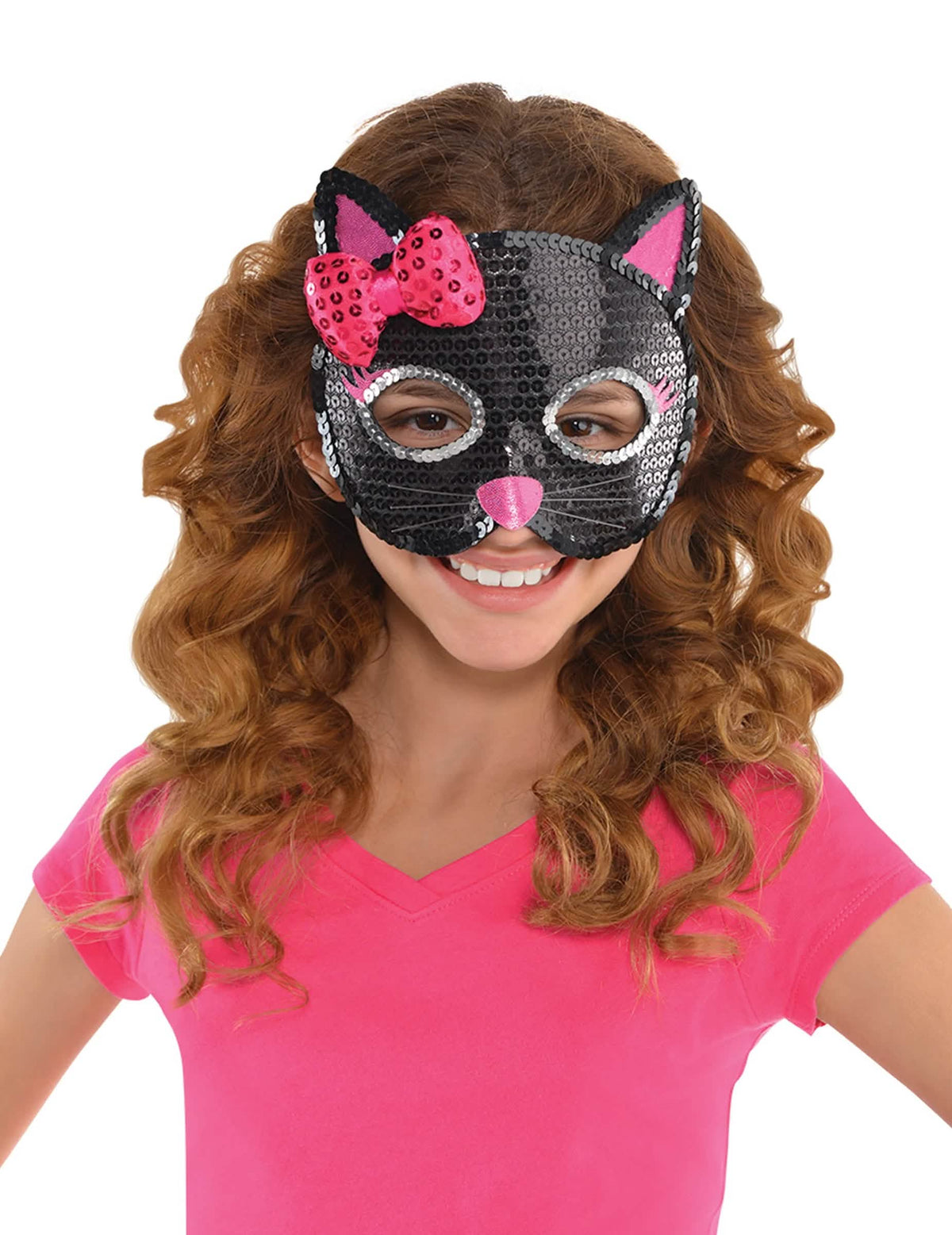 Loup en sequins chat pour enfant noir avec nœud rose