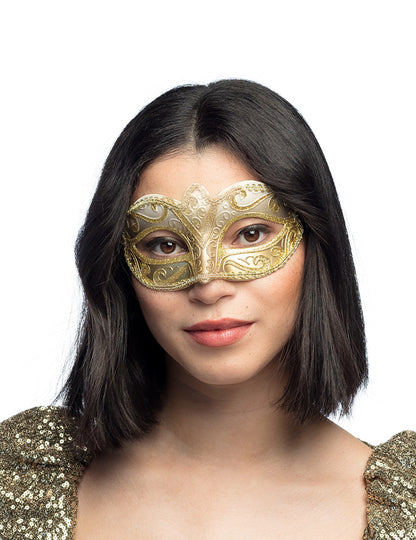 Преден изглед на златен и бял блестящ венецки маска за жени