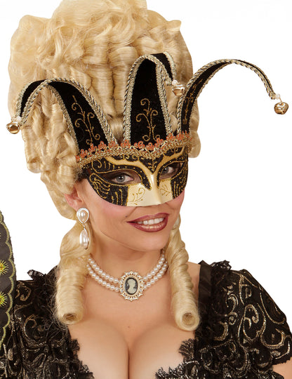 Loup vénitien noir et or à grelots adulte