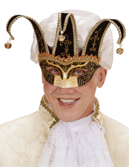 Loup vénitien noir et or à grelots adulte