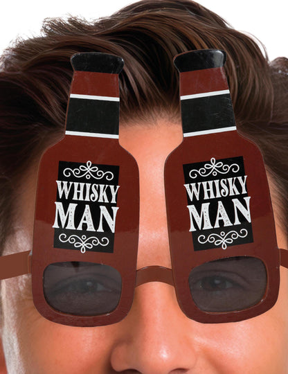 Gros plan sur l'étiquette Whisky Man des lunettes bouteilles de whisky pour adulte