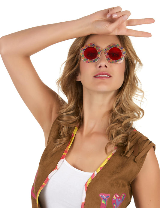 Lunettes Hippie fleur pour adulte à verres rouges et monture fleurie
