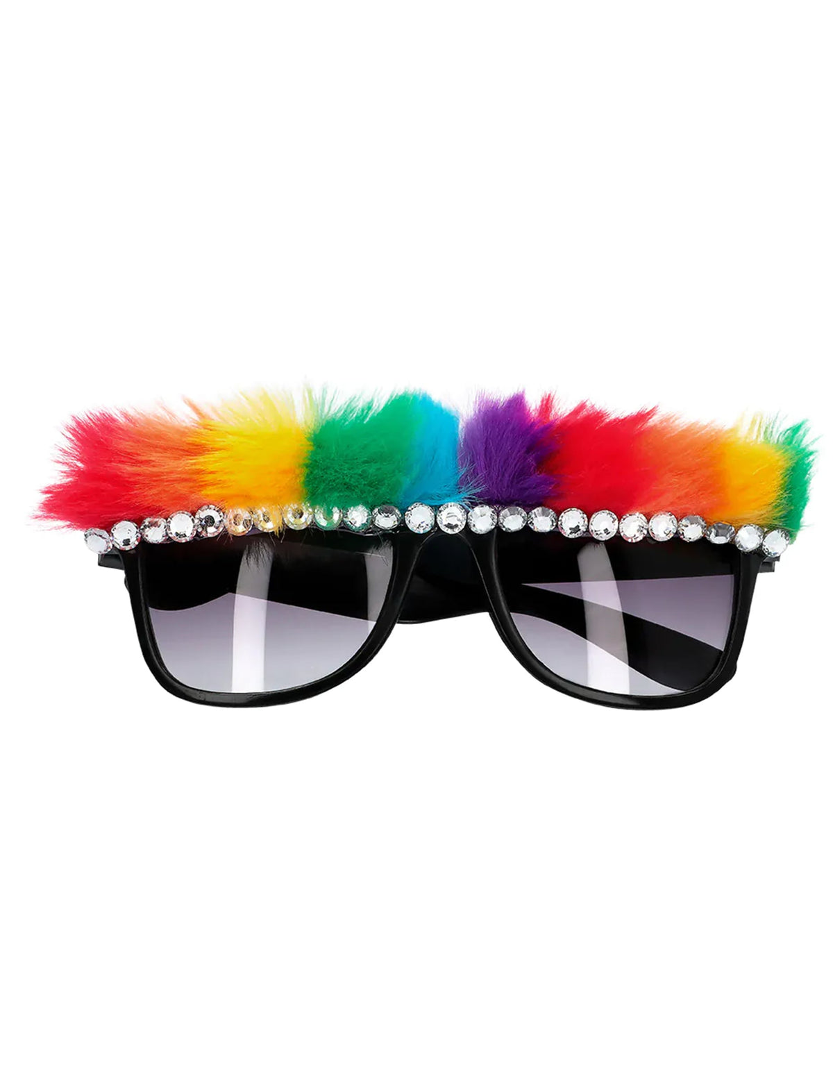 Gros plan sur la fourrure et les strass des lunettes party pride pour adulte