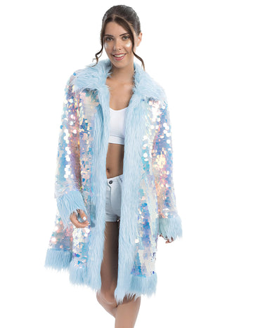 Двулицево синьо палто с пайети и изкуствена кожа за възрастни