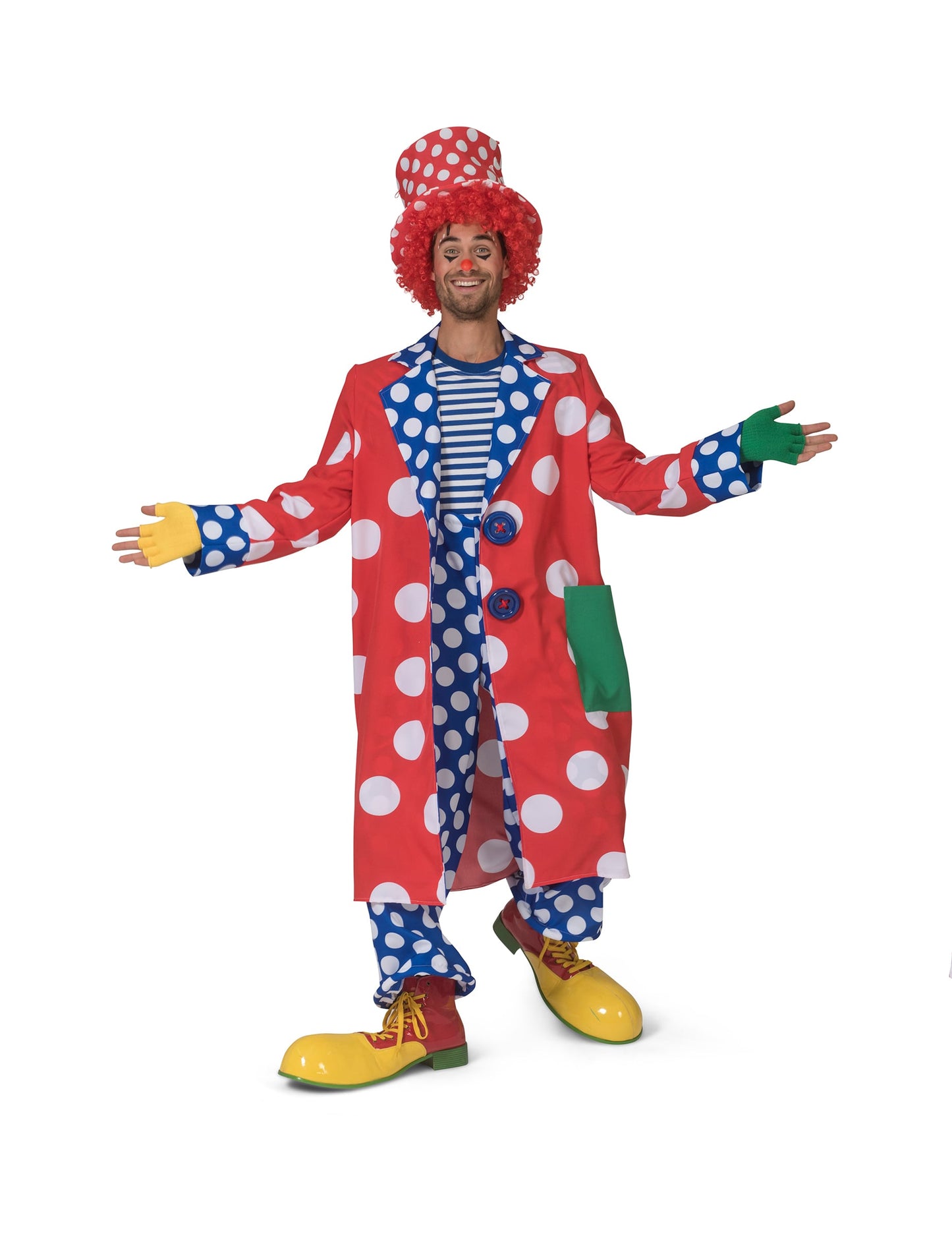 Manteau clown à pois pour homme rouge et bleu à grands pois blancs