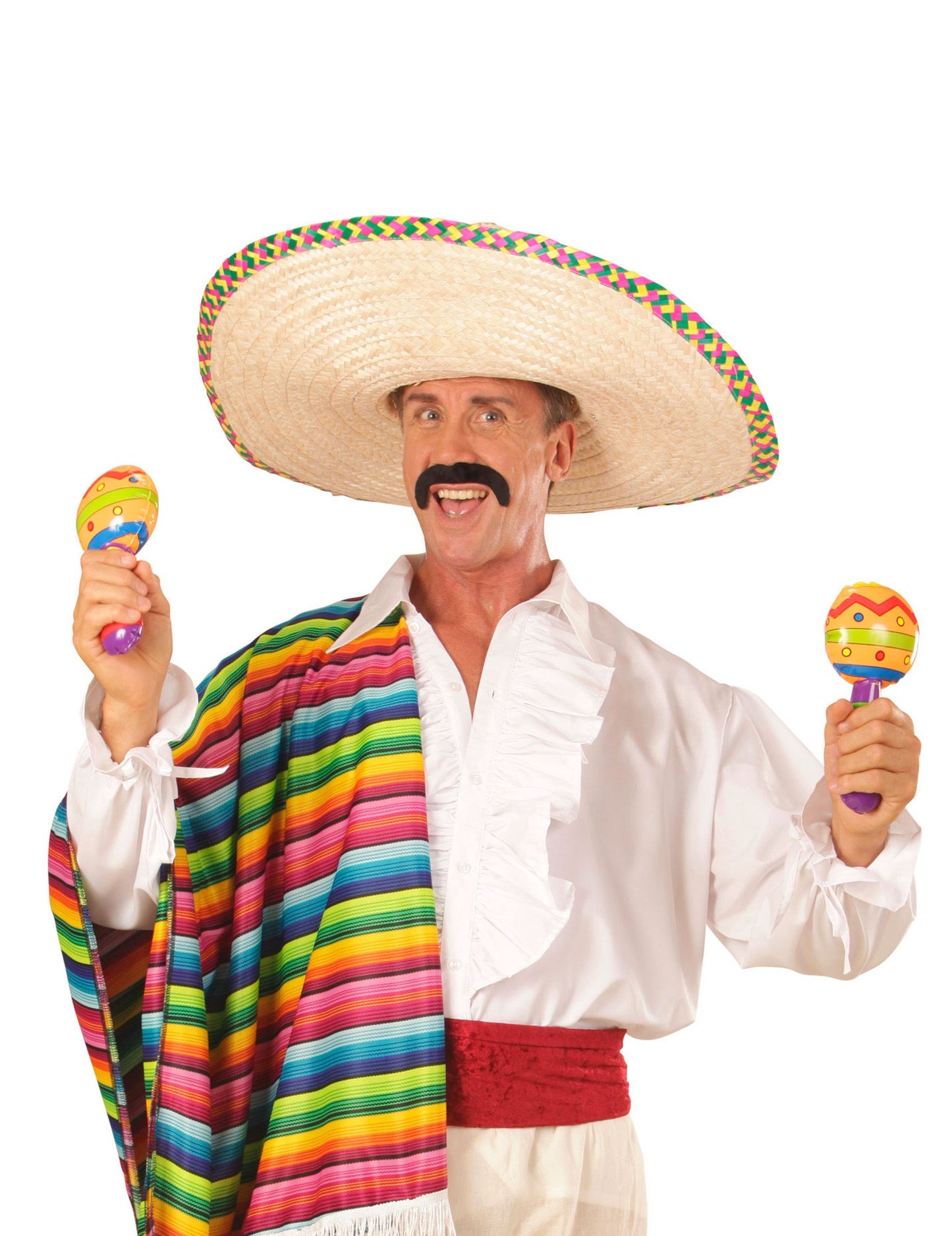 Ситуация с мъж, облечен в многоцветни надуваеми маракаси с зигзагообразен модел