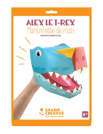 Marionnette de main Alex le T-Rex pour enfant bleue et orange kit créatif en carton