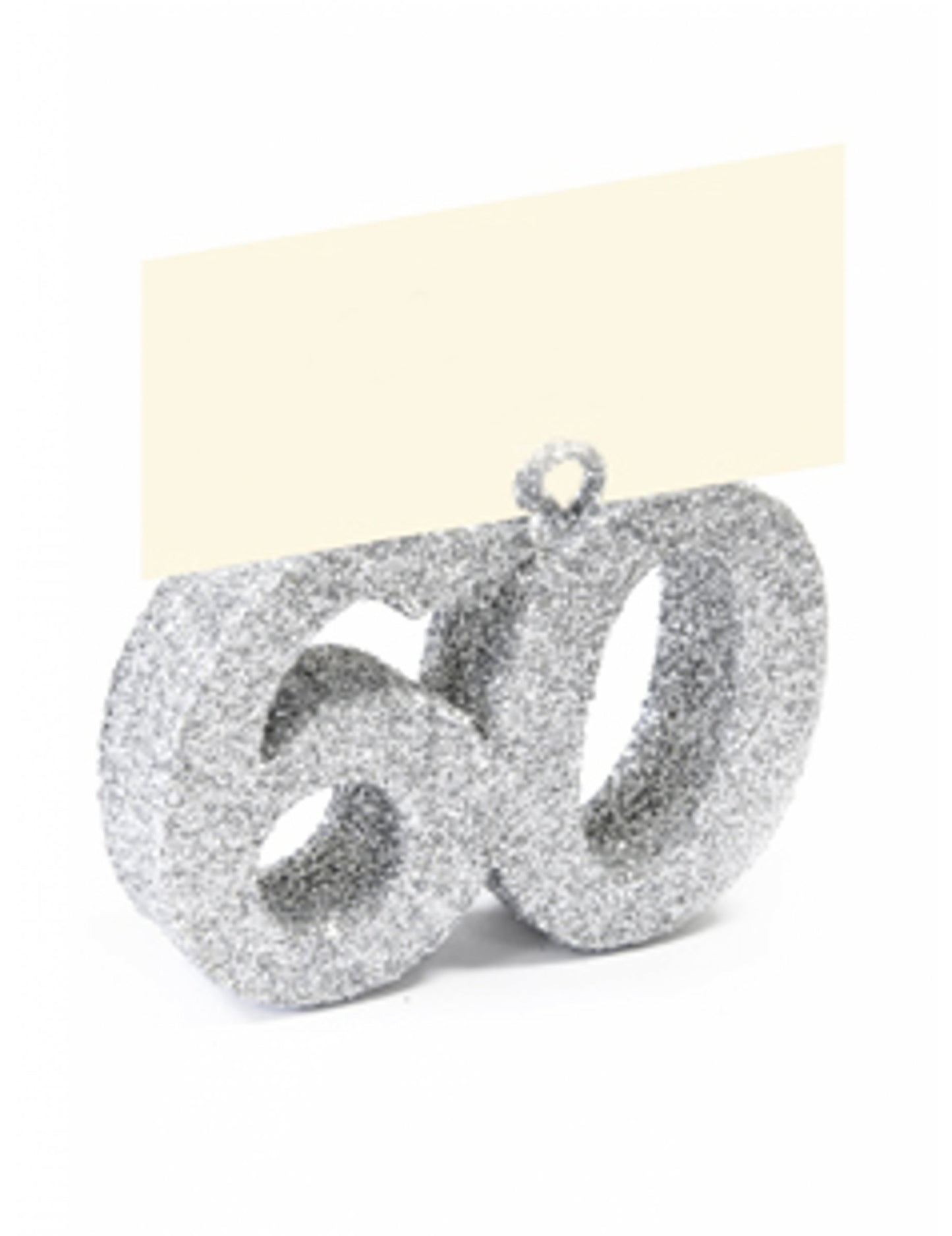 Сребърна брокатена карта с място номер 60 с етикет за име