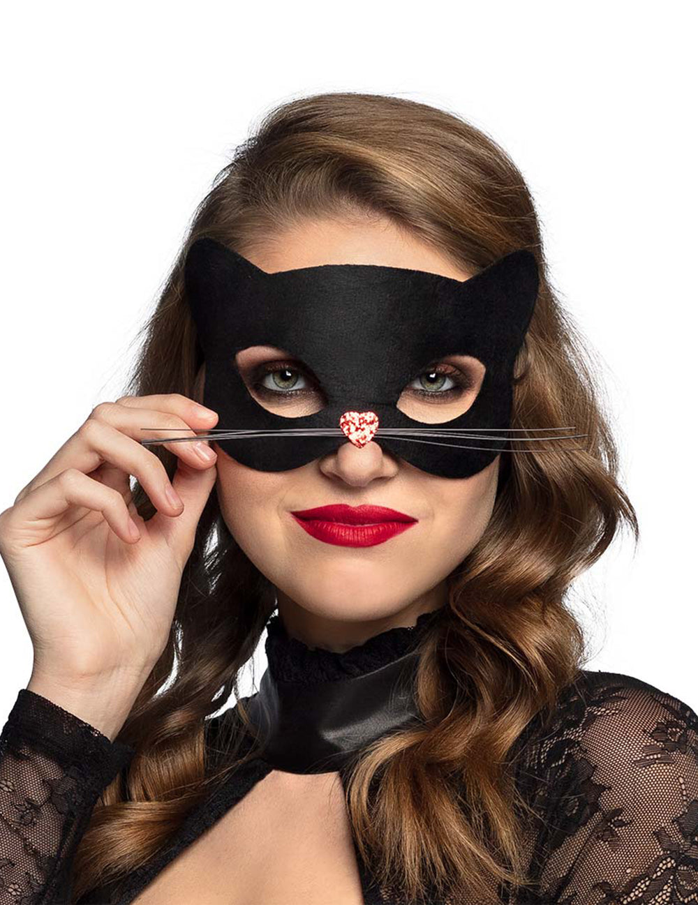 Masque de chat pour femme noir avec nez coeur et moustaches