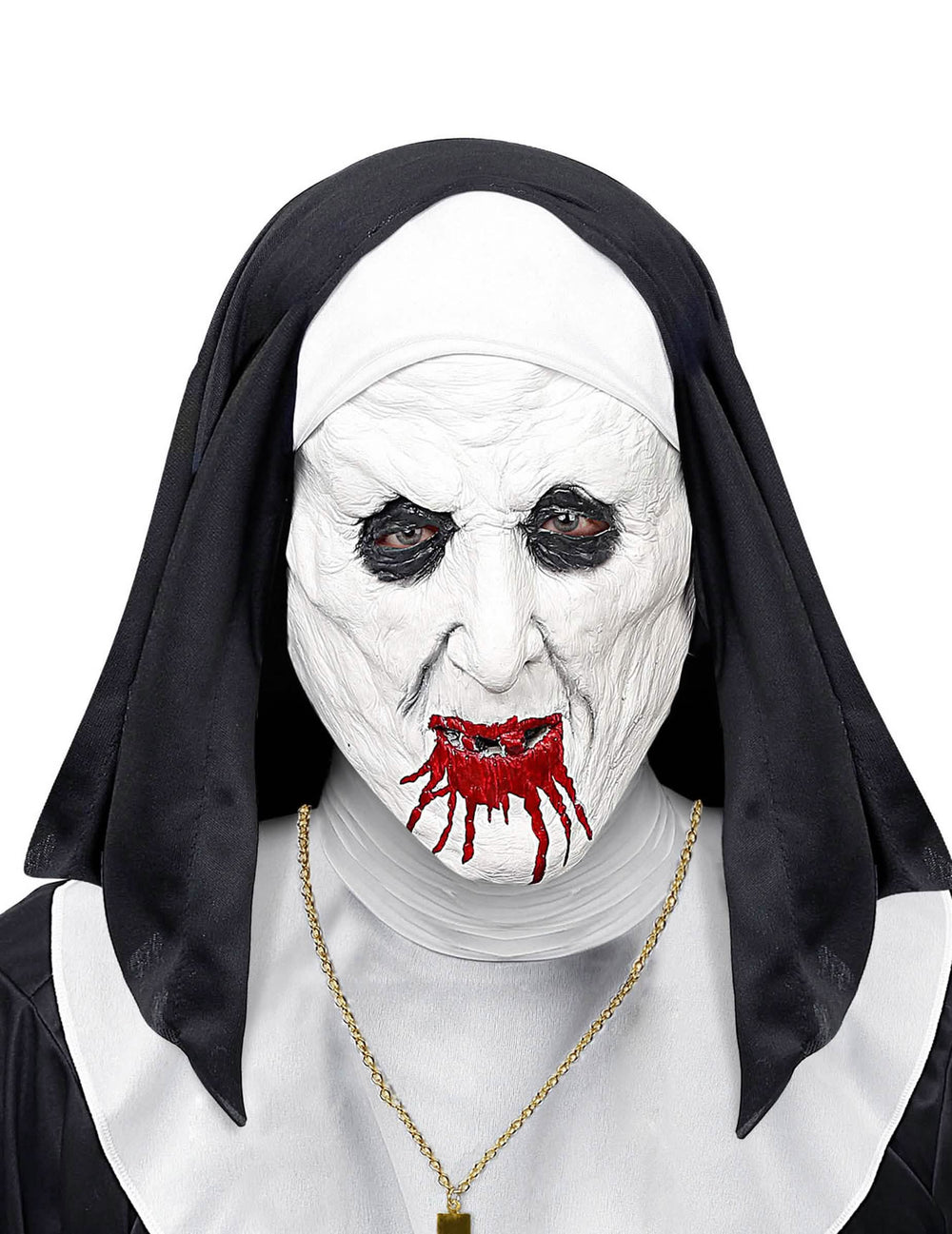 Masque demi-tête nonne horrible avec coiffe pour adulte blanc et noir avec bouche ensanglantée