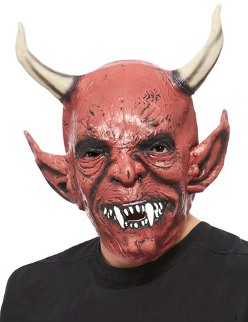 Masque de démon à cornes Halloween pour adulte rouge avec cornes beiges