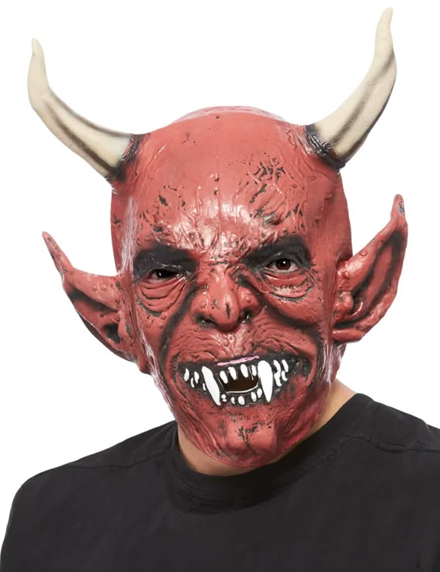Masque de démon à cornes Halloween pour adulte rouge avec cornes beiges