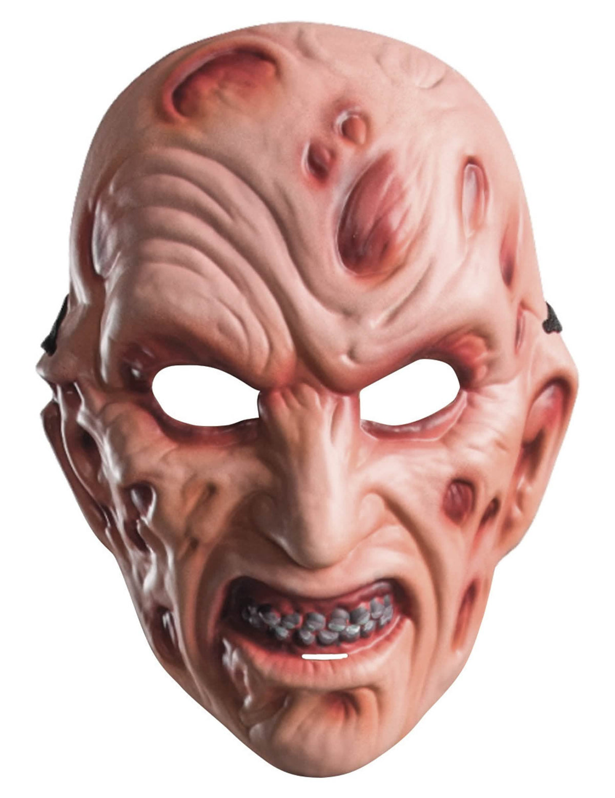 Gros plan sur les détails du visage du masque en plastique Freddy pour adulte
