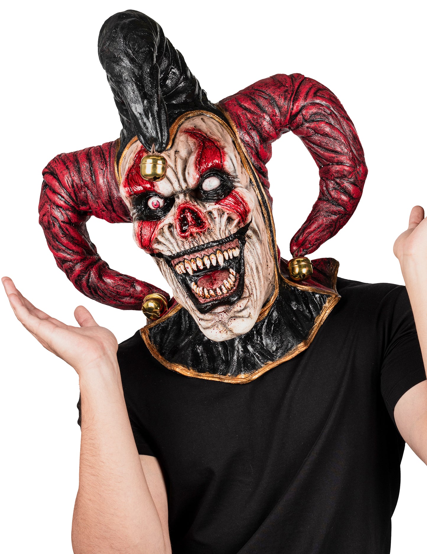 Masque intégral joker démoniaque pour adulte noir et rouge avec grelots dorés