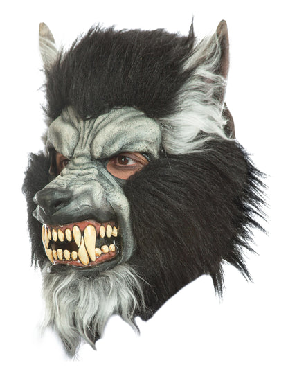 Masque intégral loup garou pour adulte gris avec fourrure noire et crocs