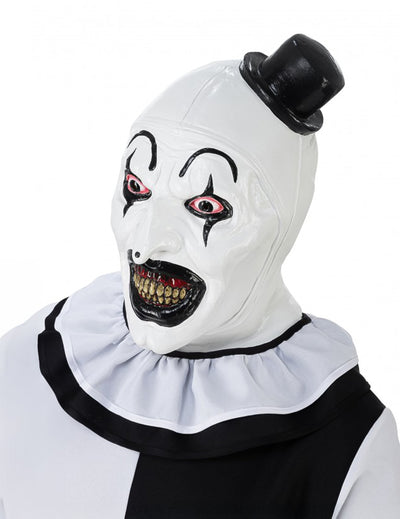 Masque intégral luxe Terrifier™ pour adulte blanc et noir avec mini chapeau haut de forme