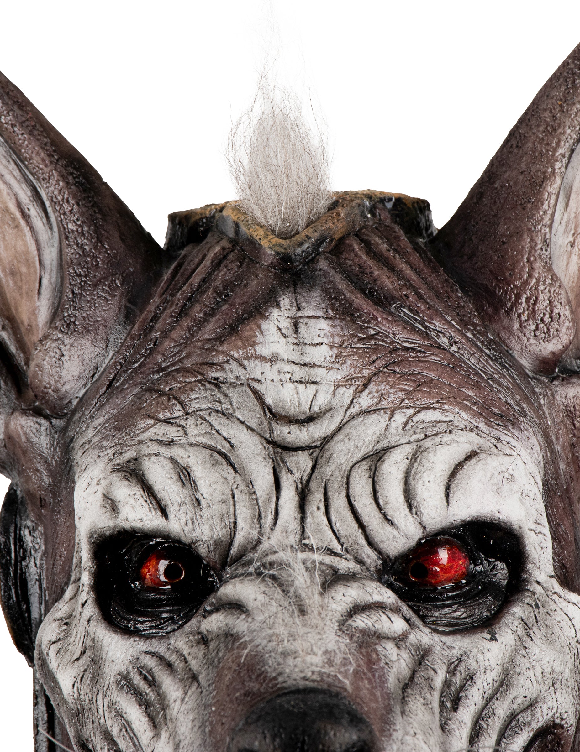 Détail du front et des yeux rouges du masque intégral monstre à tête de chien pour adulte
