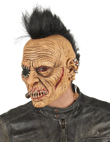 Masque latex punk à crête pour adulte beige avec crête noire et piercings