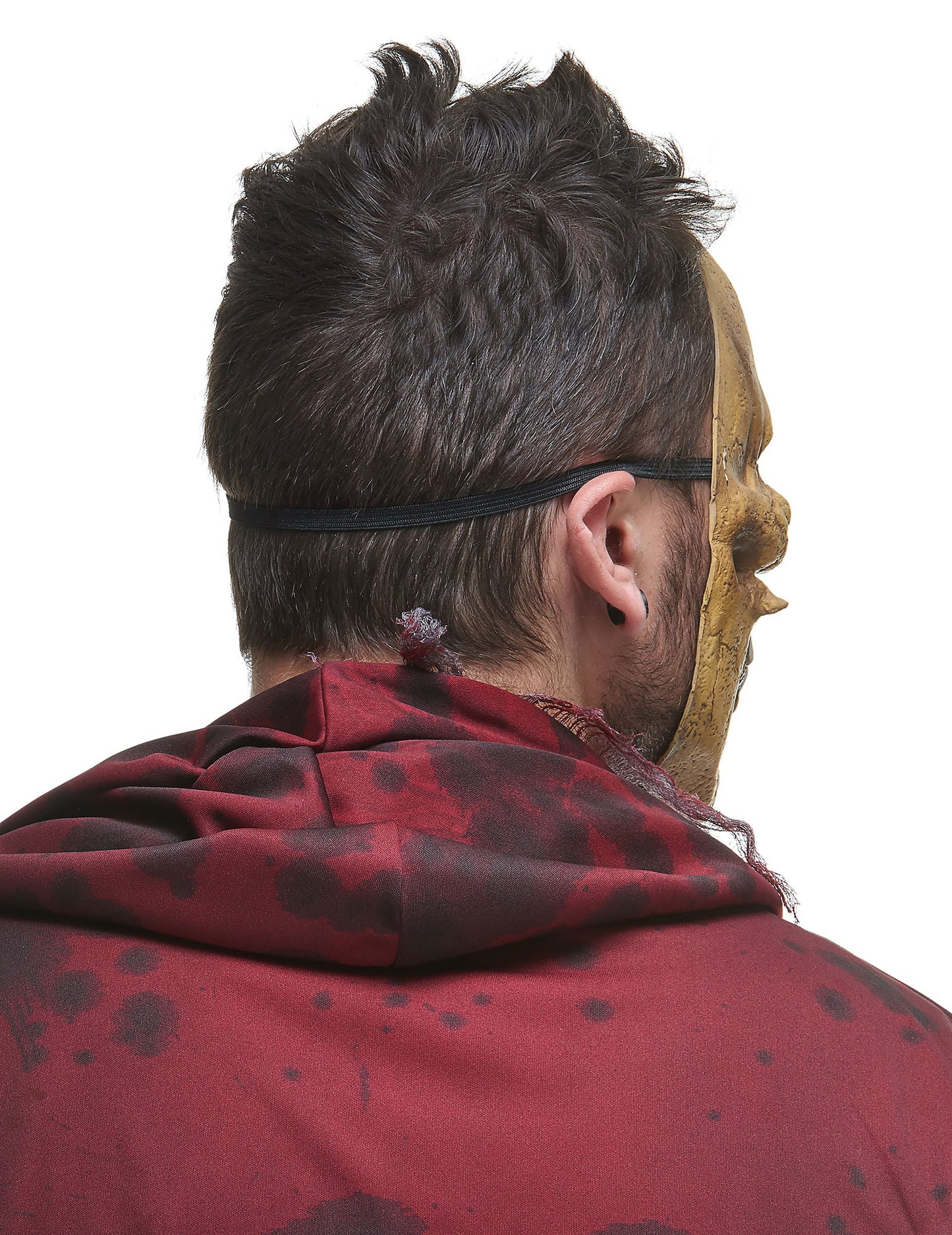 Vue de profil et système d'attache du masque latex squelette mangeur de reptiles