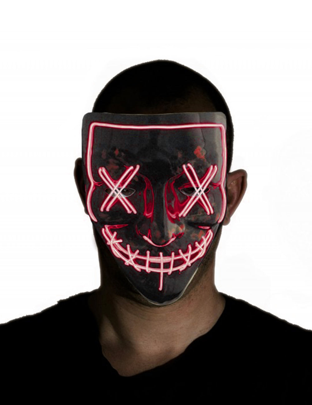 Vue de face du masque led purge pour adulte noir et rouge