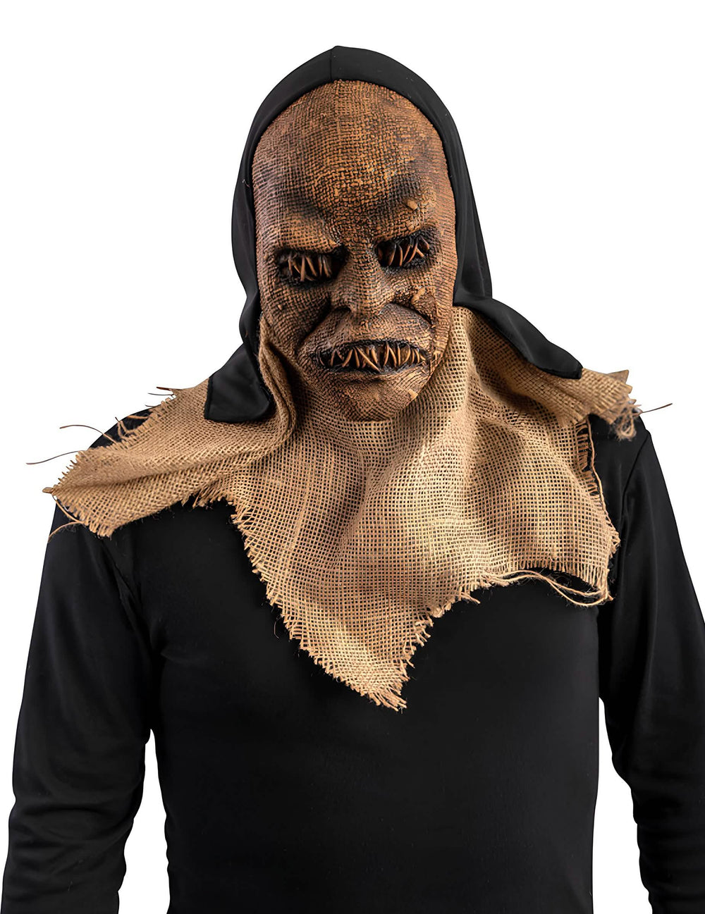 Masque monstre en latex et capuche pour adulte marron aspect toile de jute et coutures