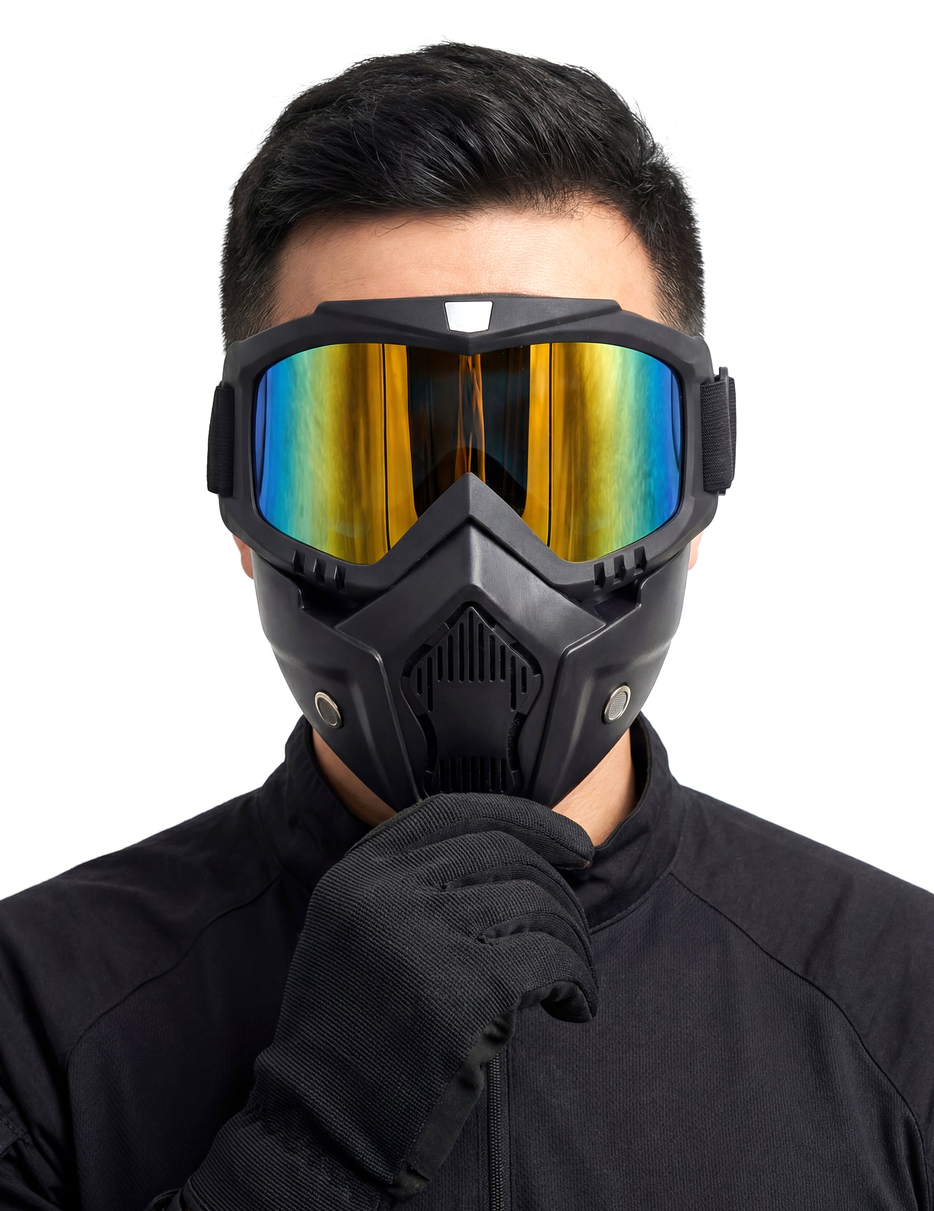 Masque protection militaire pour adulte noir avec lunettes irisées