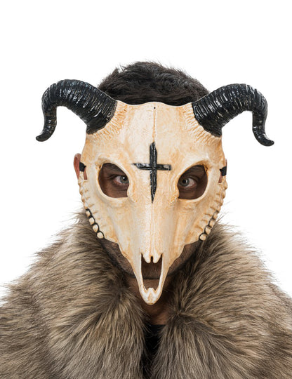 Masque squelette démon à cornes pour adulte blanc avec croix noire