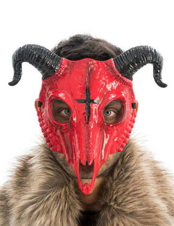 Възрастен червен рогат демон скелет маска