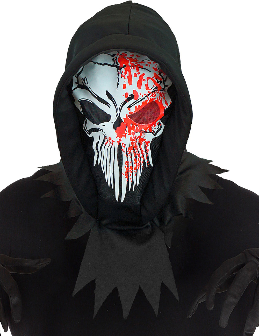 Masque vengeur sanglant pour adulte noir et blanc avec cagoule et taches de sang
