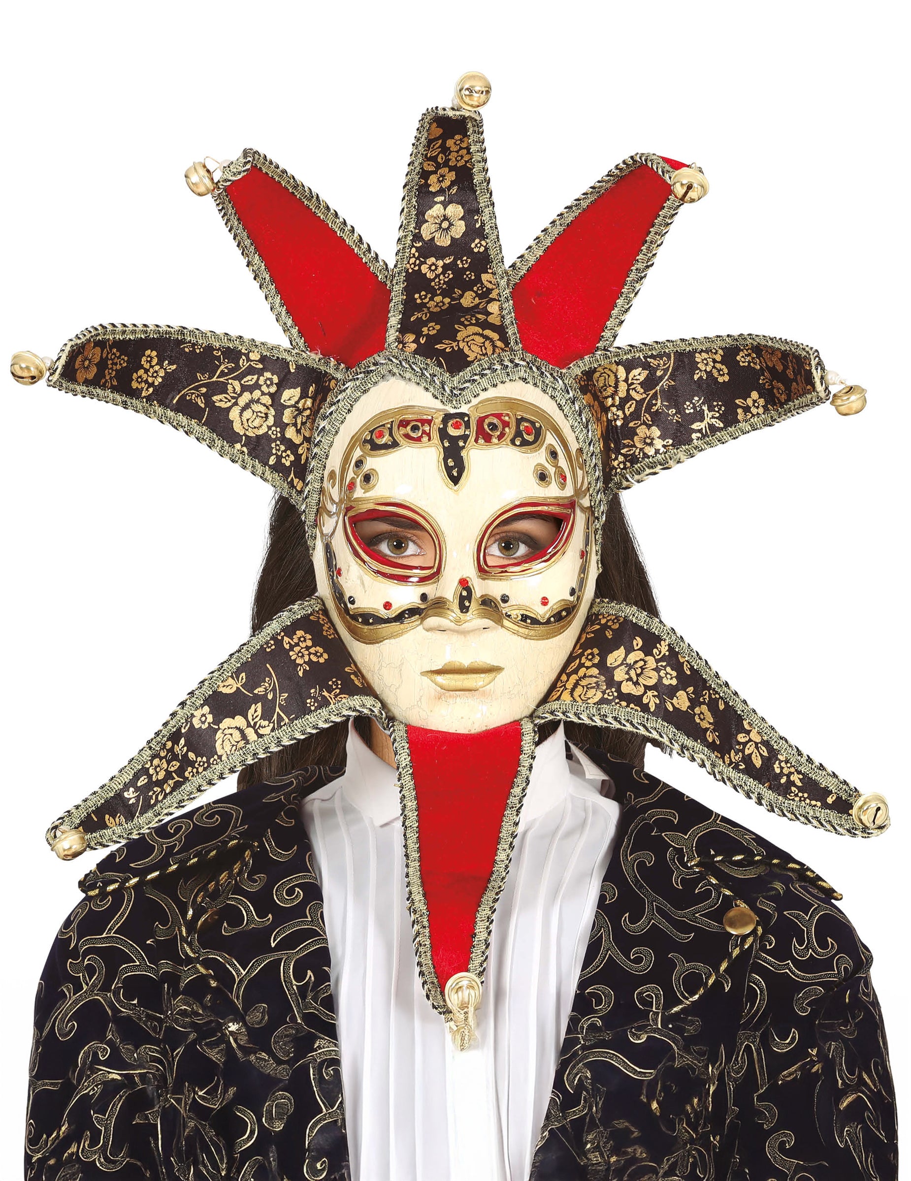 Masque vénitien pour femme rouge et noir avec dorures et grelots