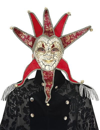 Masque vénitien pour homme rouge et or avec grelots