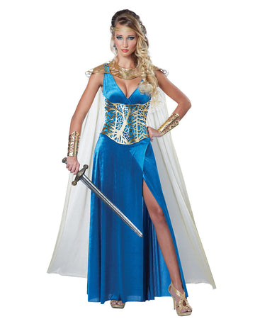 Déguisement guerrière médiévale sexy pour femme bleu avec corset doré et cape blanche