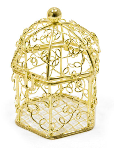 Mise en situation avec dragées de la mini cage à oiseaux en métal pour mariage
