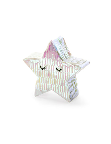 Vue rapprochée sur fond rose de la mini piñata étoile pour décoration iridescente