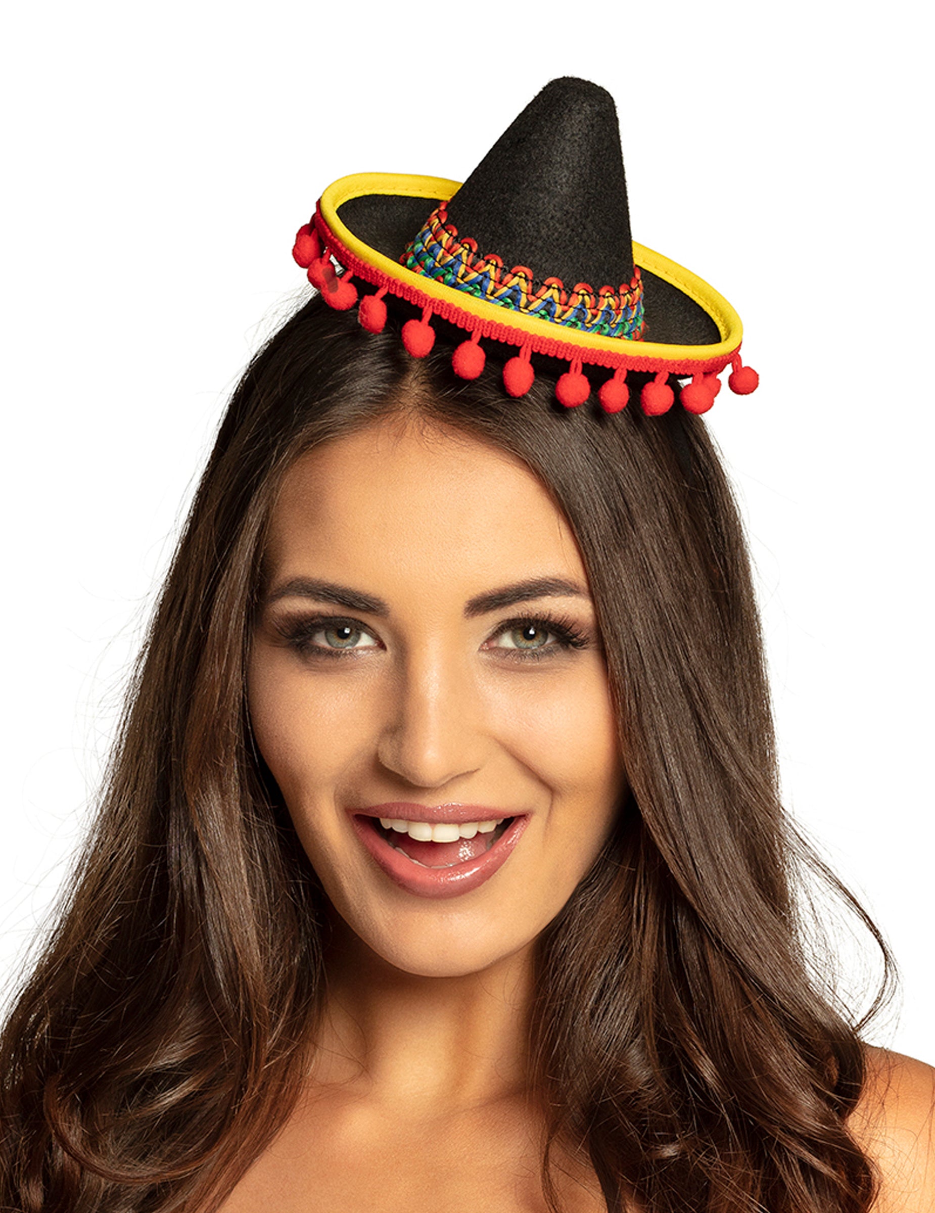 Mini sombrero mexicain pour adulte noir avec pompons rouges