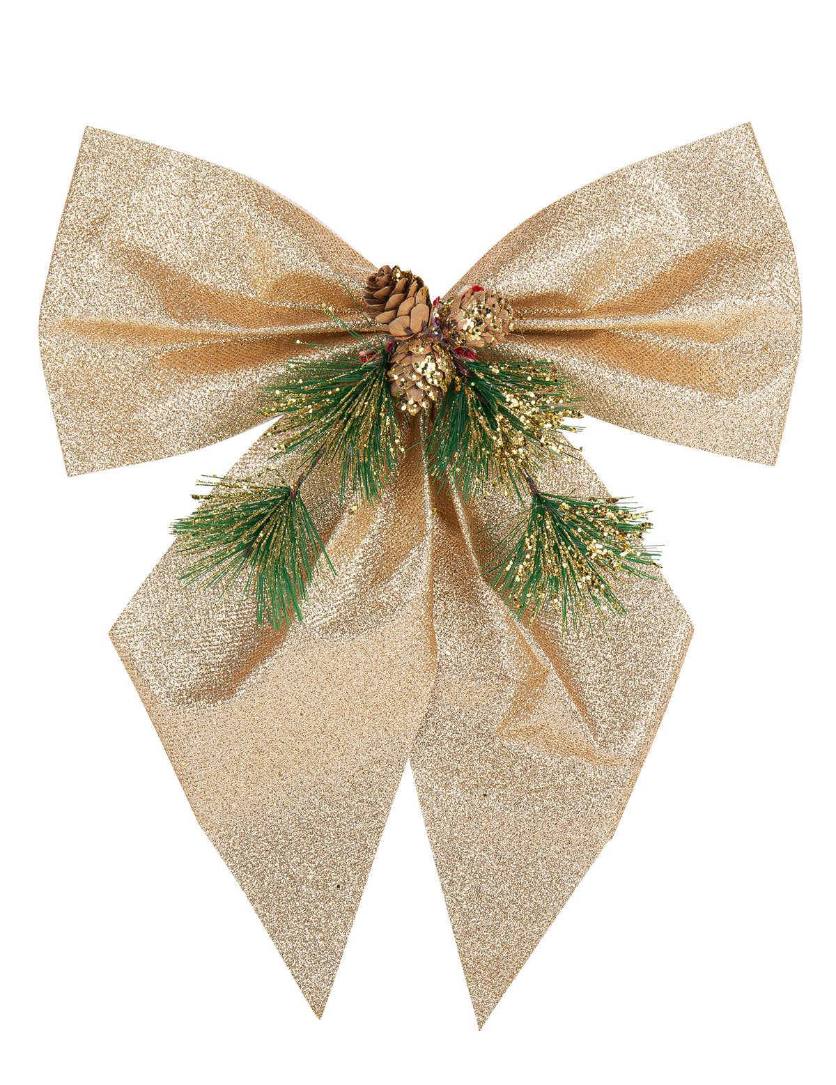 Nœud sapin et pommes de pin pour décoration de Noël champagne à paillettes